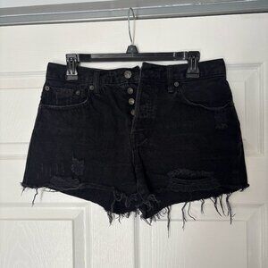 Free People Black Distressed Button Fly Denim Shorts